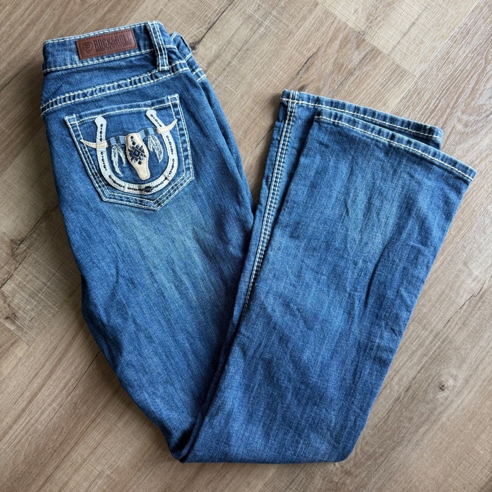 Rock & Roll Cowgirl Mid Rise Bootcut Jeans Blue Horseshoe Embroidered W29 L32.